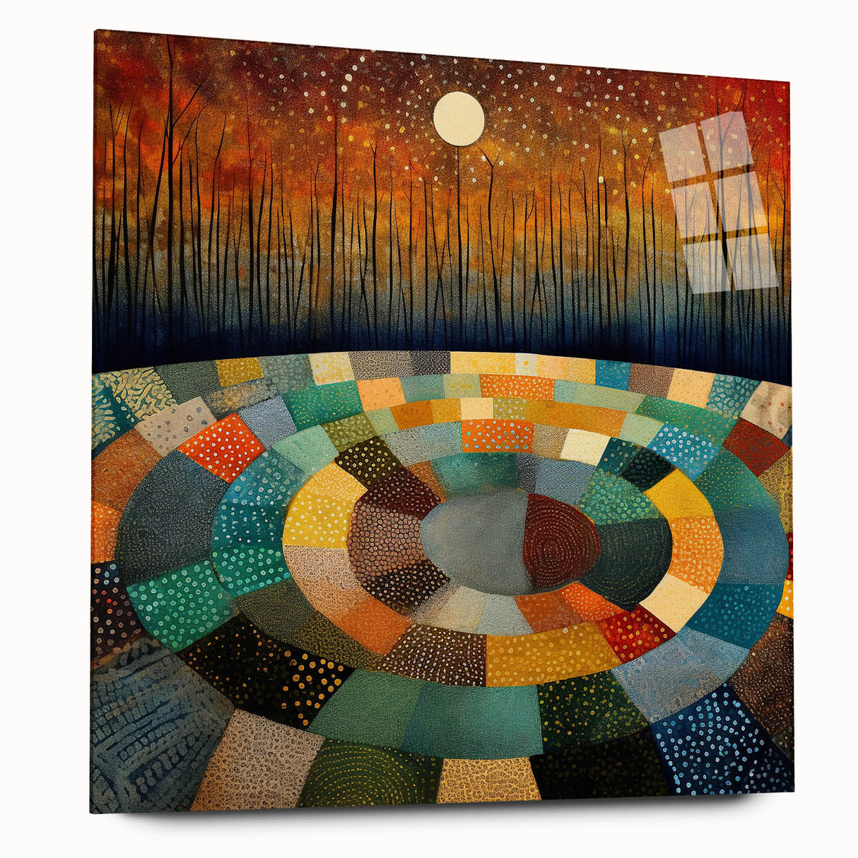 Abstract wall art featuring colorful acrylic strokes on glass, displayed in a side view without pins, showcasing vibrant hues and modern design suitable for contemporary decor.