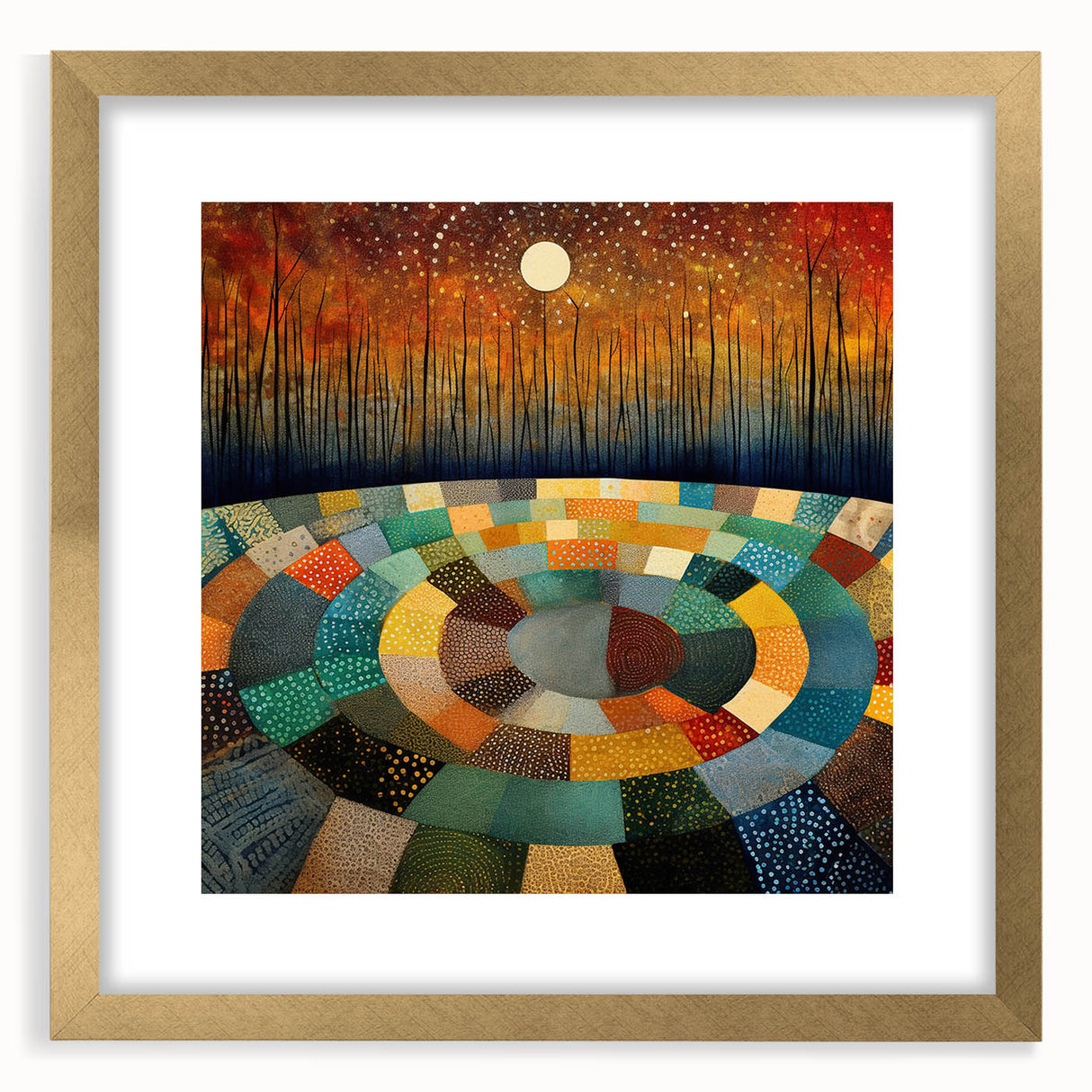 Abstract strokes wall art framed with a gold mat, showcasing vibrant colors and dynamic patterns, perfect for modern home decor or office spaces.