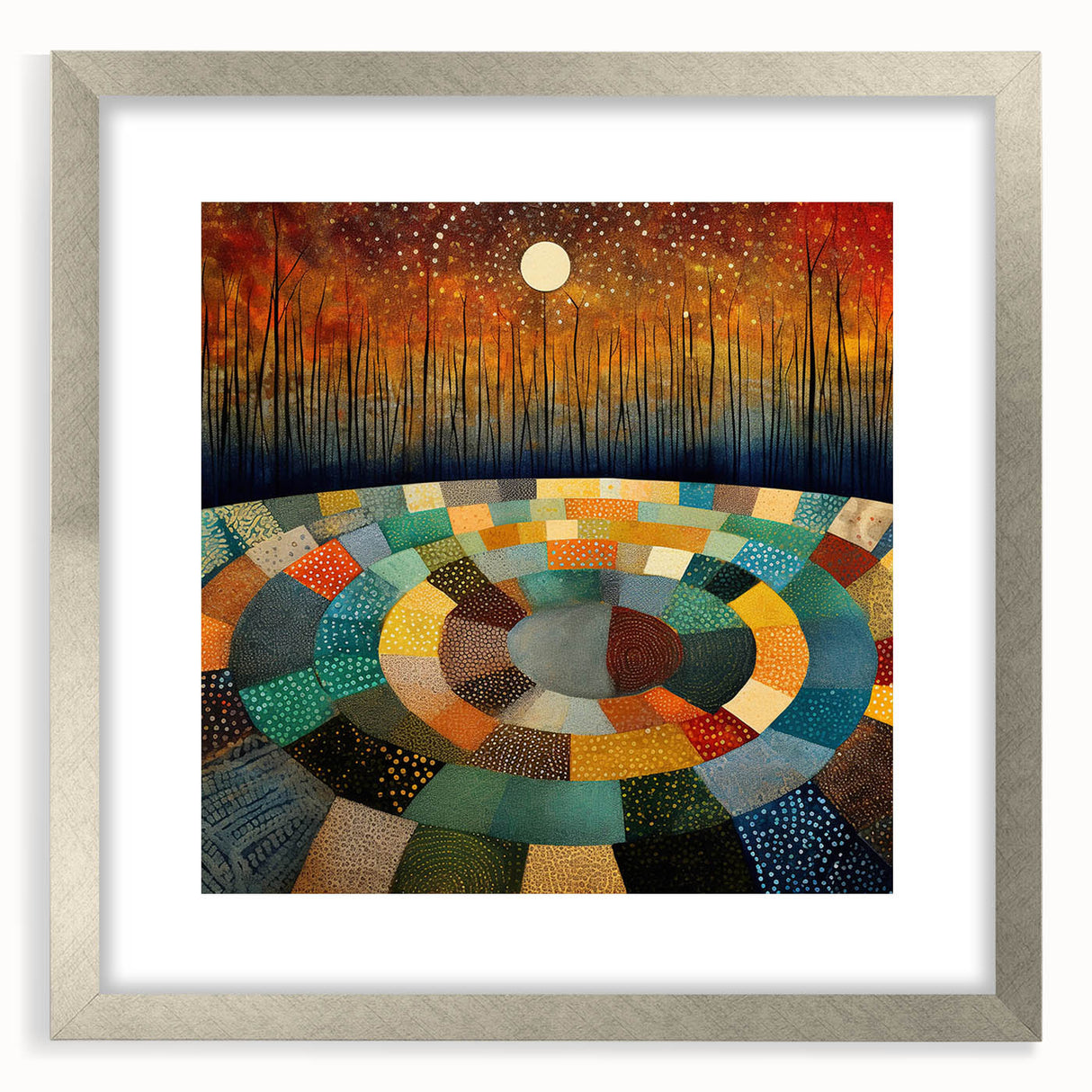 Abstract wall art featuring vibrant strokes in a mix of blue, gold, and silver tones, framed in a sleek silver frame with a white mat, perfect for modern decor.