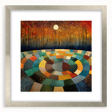 Abstract wall art featuring vibrant strokes in a mix of blue, gold, and silver tones, framed in a sleek silver frame with a white mat, perfect for modern decor.