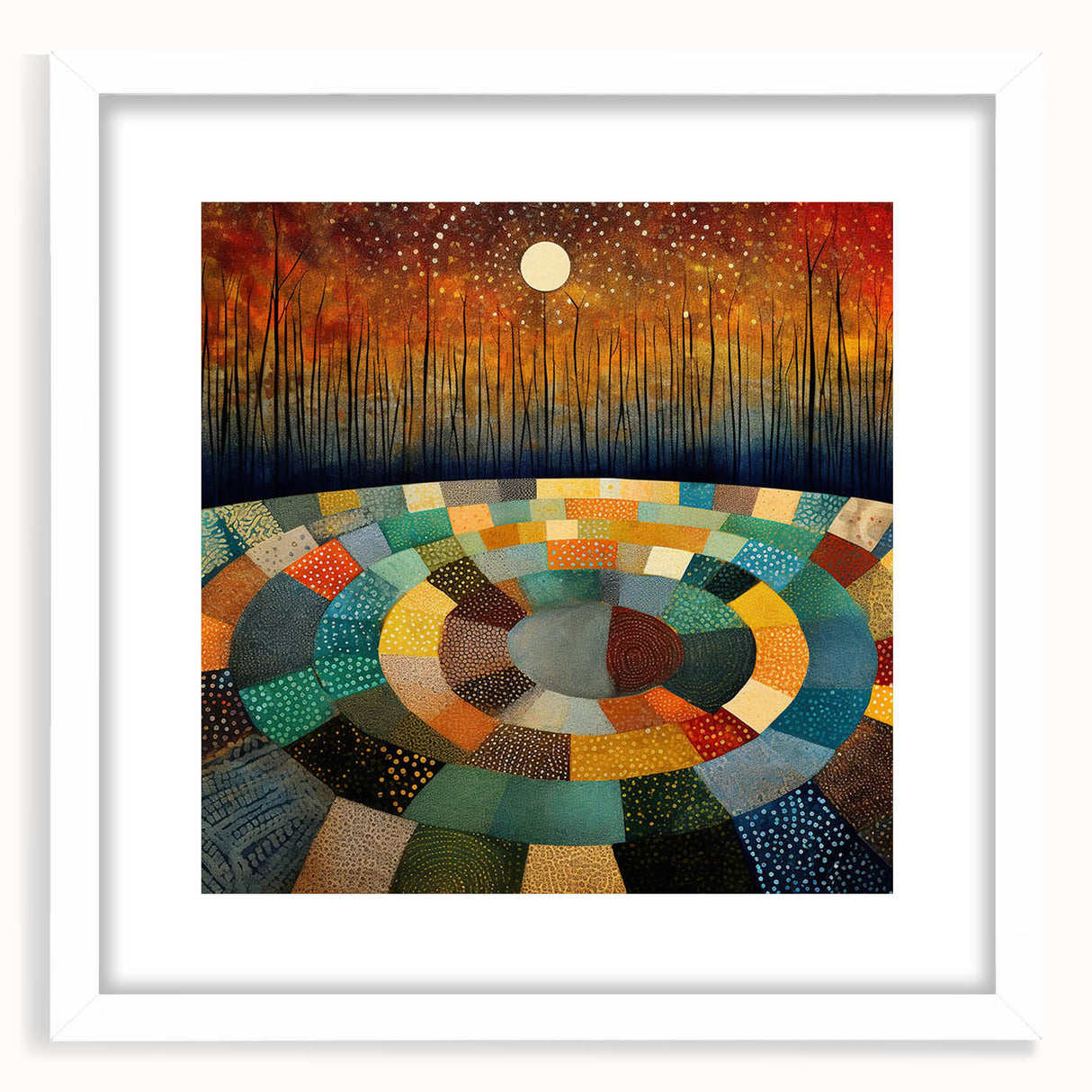 Abstract strokes wall art in a white frame with a mat, showcasing vibrant colors and dynamic patterns, perfect for modern home decor. Ideal for adding a contemporary touch to any room.