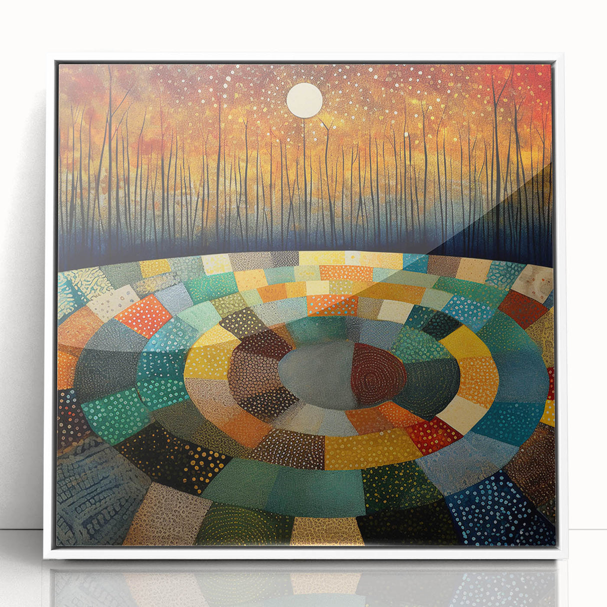 Framed abstract wall art featuring colorful strokes on acrylic with a sleek white border, perfect for modern home decor and artistic expression.