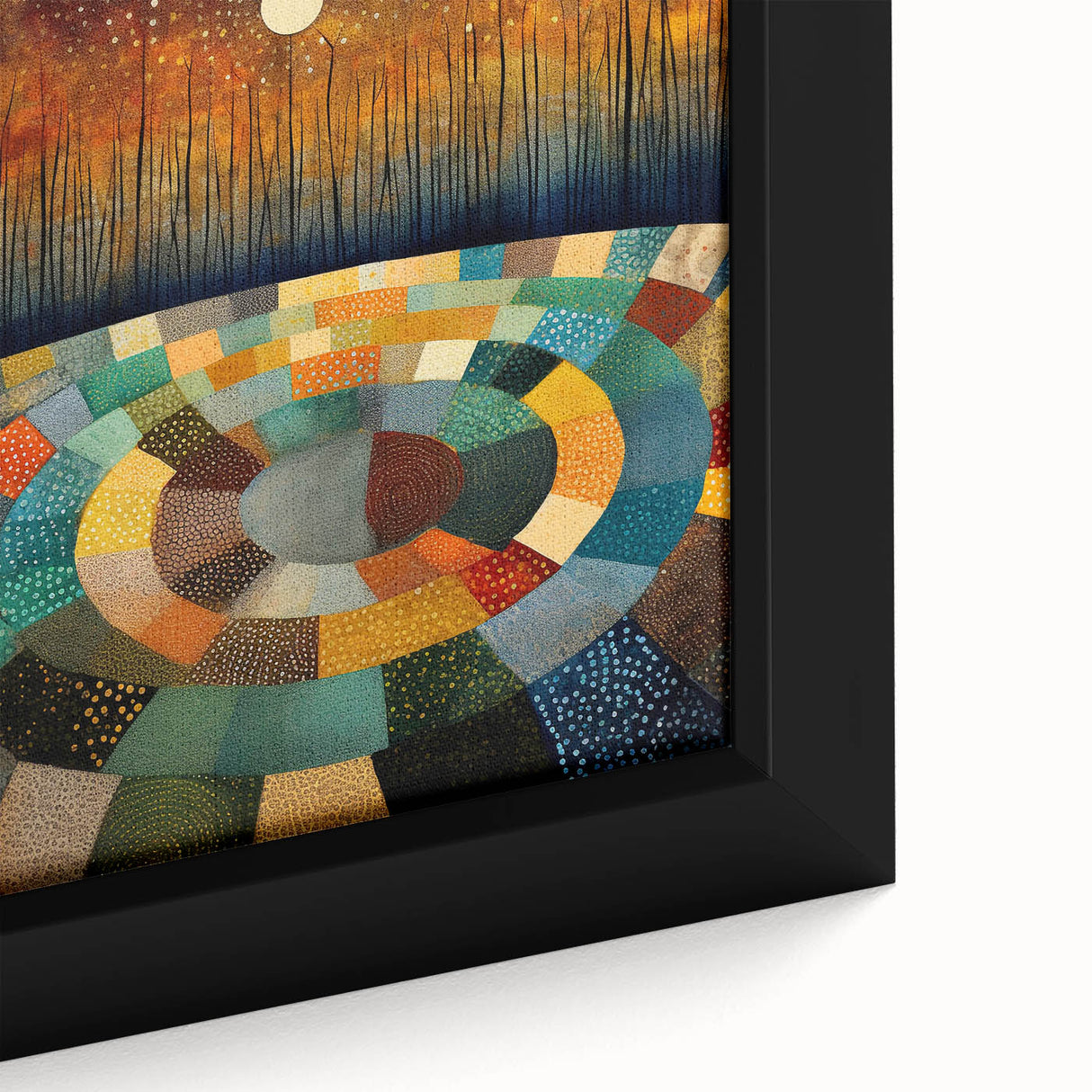 Close-up of framed abstract strokes wall art on canvas, showcasing vibrant colors and intricate textures, perfect for modern home decor.