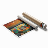 Abstract wall art print showcasing vibrant strokes in shades of blue, orange, and yellow, ideal for modern home decor. This rolled artwork comes in a protective cardboard tube, perfect for gifting or framing.