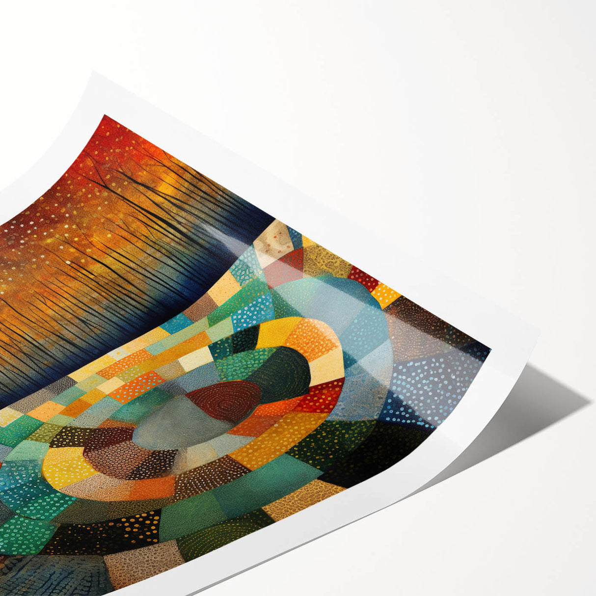 Abstract wall art print showcasing vibrant strokes in shades of blue, orange, and yellow, rolled and ready for display. Ideal for modern decor enthusiasts.