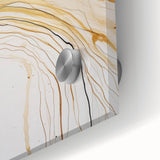 Abstract wall art featuring vibrant, swirling strokes in shades of blue, orange, and gold, set against a sleek acrylic glass surface, ideal for modern decor.