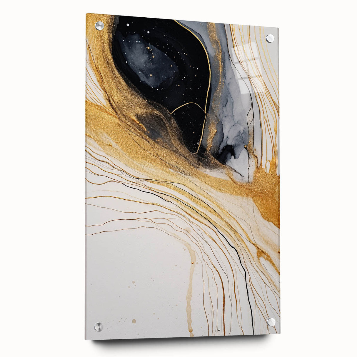 Abstract wall art featuring vibrant strokes in blue, pink, and yellow on acrylic glass, showcasing a modern design with pin mounting for easy display.