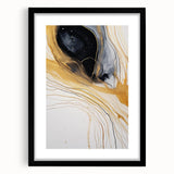 Abstract wall art featuring vibrant strokes in shades of blue, orange, and yellow, framed in black with a mat, perfect for modern home decor.