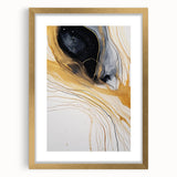Abstract wall art featuring dynamic gold strokes on a white background, elegantly framed with a mat, perfect for modern home decor and artistic interiors.