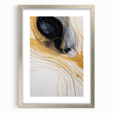 Abstract strokes wall art featuring vibrant blue, gold, and white colors in a sleek silver frame, perfect for modern home decor and gallery displays.