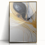 Framed abstract wall art featuring dynamic gold strokes on an acrylic surface, perfect for modern home decor. Ideal for adding elegance to living spaces.