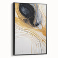 Framed wall art featuring an abstract design with black and white strokes, showcasing modern decor perfect for contemporary living spaces. The canvas is elegantly displayed in a sleek frame, emphasizing its artistic appeal and versatility in home interior design.