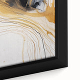 Close-up of framed abstract strokes wall art featuring vibrant colors of blue, orange, and yellow, showcasing a modern design ideal for home decor.