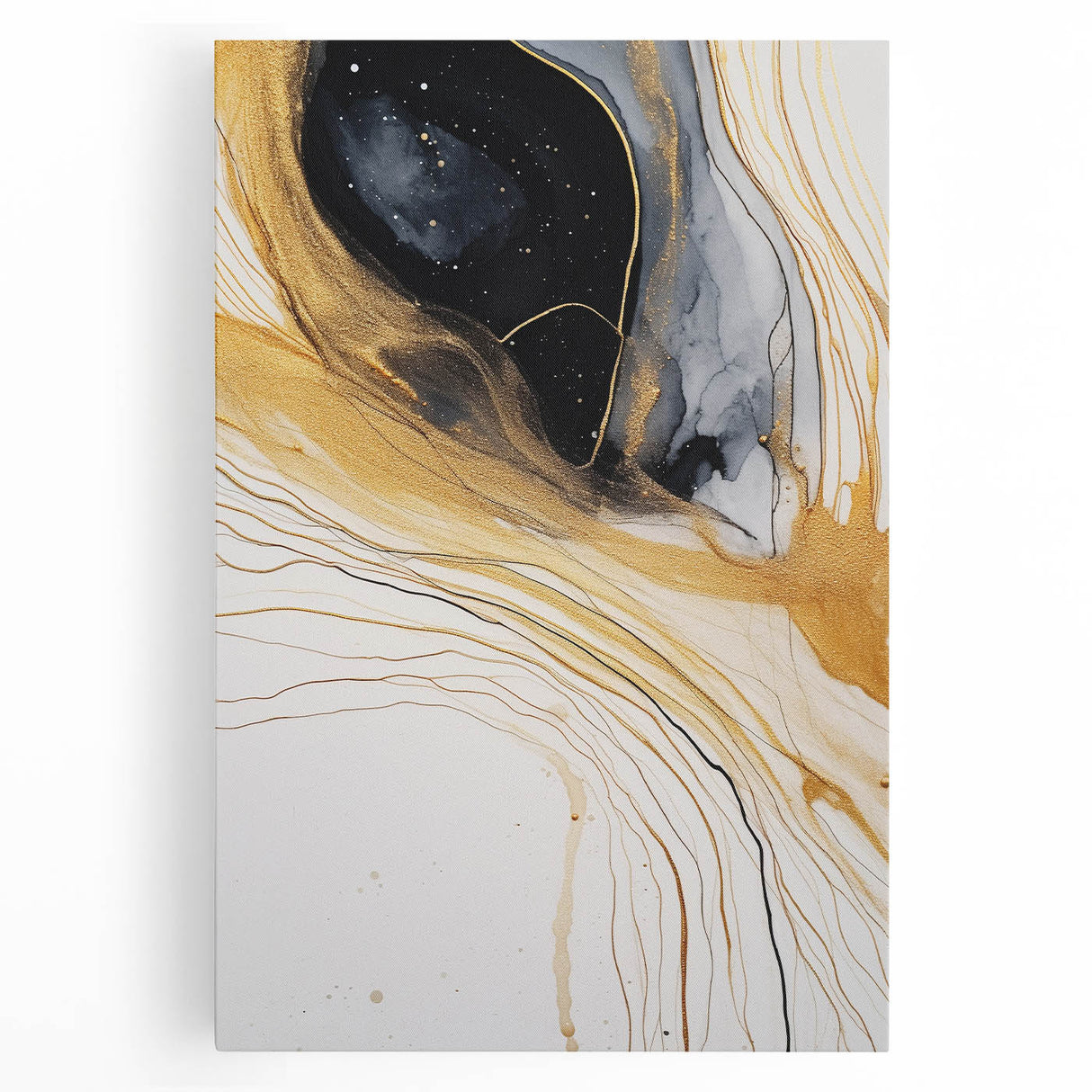 Abstract strokes wall art on stretched canvas showcasing vibrant blue, orange, and yellow hues, ideal for modern home decor and enhancing artistic spaces.