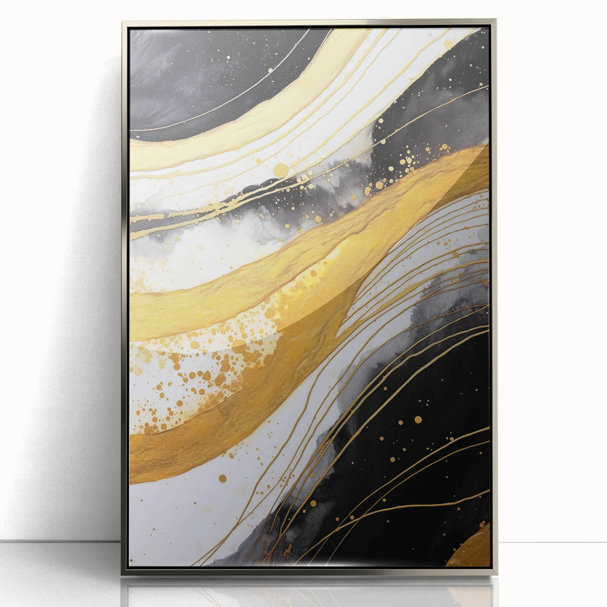 Framed abstract wall art featuring vibrant strokes in silver and blue hues, set in a sleek acrylic frame, ideal for modern home decor and artistic ambiance.