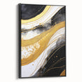 Framed abstract wall art featuring dynamic black strokes on a textured canvas, showcasing a modern aesthetic perfect for contemporary home decor.