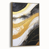 Framed canvas wall art showcasing abstract strokes in gold and black hues, perfect for modern decor, highlighting a stylish side view to enhance any room's aesthetic.