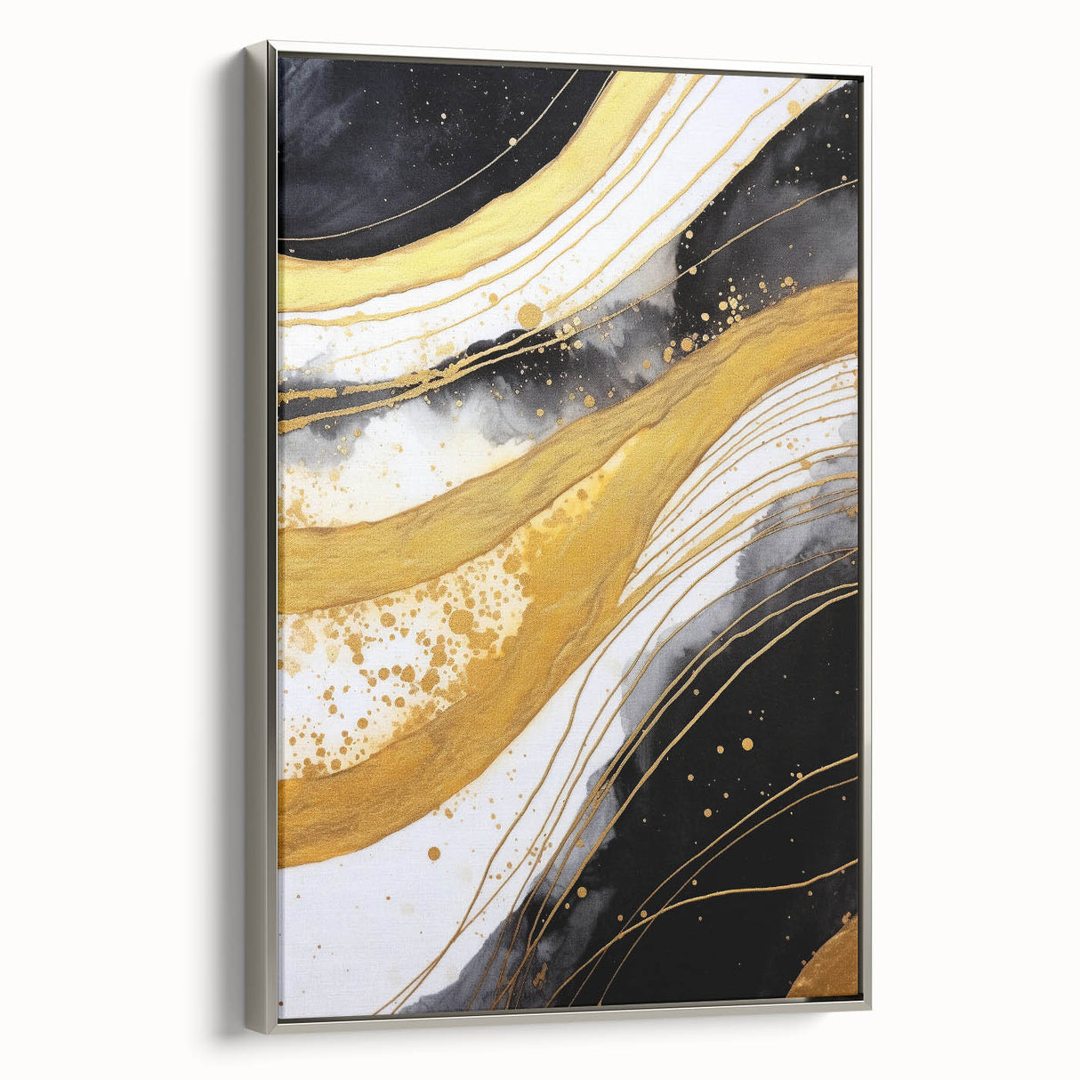 Framed wall art featuring abstract strokes in various shades of blue and gray, set against a silver frame, ideal for modern home decor and interior design.