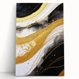 Abstract wall art featuring bold, colorful strokes on a stretched canvas, leaning against a minimalist wall, perfect for modern home decor.