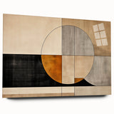 Abstract wall art featuring vibrant strokes in shades of blue, orange, and yellow, displayed in a sleek acrylic glass frame. Ideal for modern decor.