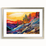 Abstract wall art featuring vibrant strokes in shades of blue, pink, and gold, elegantly framed in silver with a white mat, perfect for modern decor.