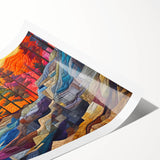 Abstract wall art print featuring vibrant, colorful strokes in shades of blue, orange, and yellow, rolled and packaged securely in a cardboard tube for easy display. Perfect for modern home decor enthusiasts seeking a bold statement piece.