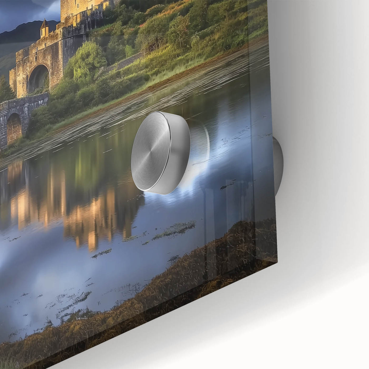 Close-up of a vibrant acrylic glass artwork depicting a picturesque landscape with an ornate castle, showcasing intricate details and vivid colors against a serene backdrop. Ideal for home decor enthusiasts seeking to enhance their living spaces with stunning wall art.