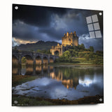 Acrylic glass artwork showcasing a scenic landscape with a medieval castle, presented in a side view with decorative pins, enhancing its elegant display.