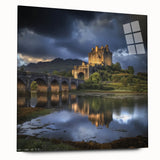 Acrylic glass artwork showcasing a stunning landscape with a majestic castle, presented in a side view without pins, perfect for home decor enthusiasts.