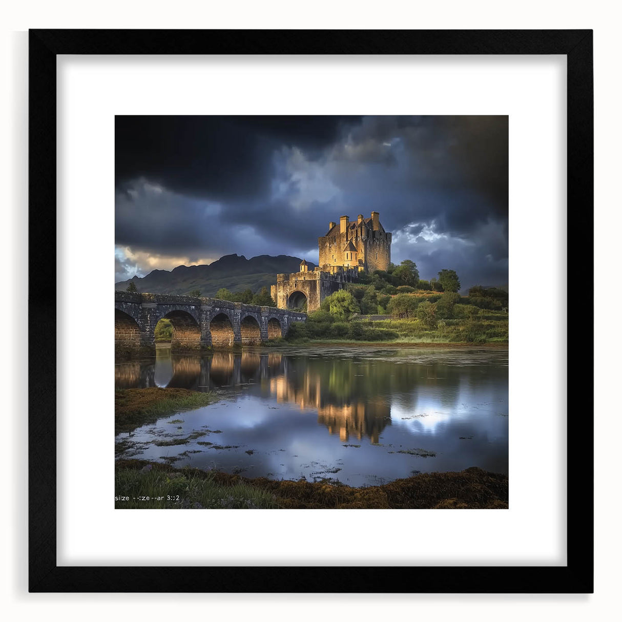 Elegant black-framed landscape artwork showcasing a majestic castle surrounded by lush greenery, featuring a white mat for a polished presentation. Perfect for home decor.