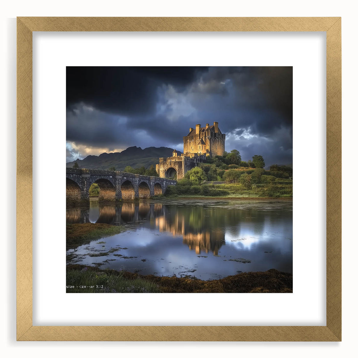 Elegant gold-framed landscape artwork featuring a majestic castle surrounded by lush greenery, designed to enhance any home decor with its classic charm.