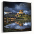 Framed canvas artwork showcasing a stunning landscape with a majestic castle, featuring a black frame and a side view perspective, perfect for home decor.