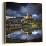 Framed canvas artwork showcasing a serene landscape with a majestic castle, accented in silver and gold tones, perfect for enhancing home decor.