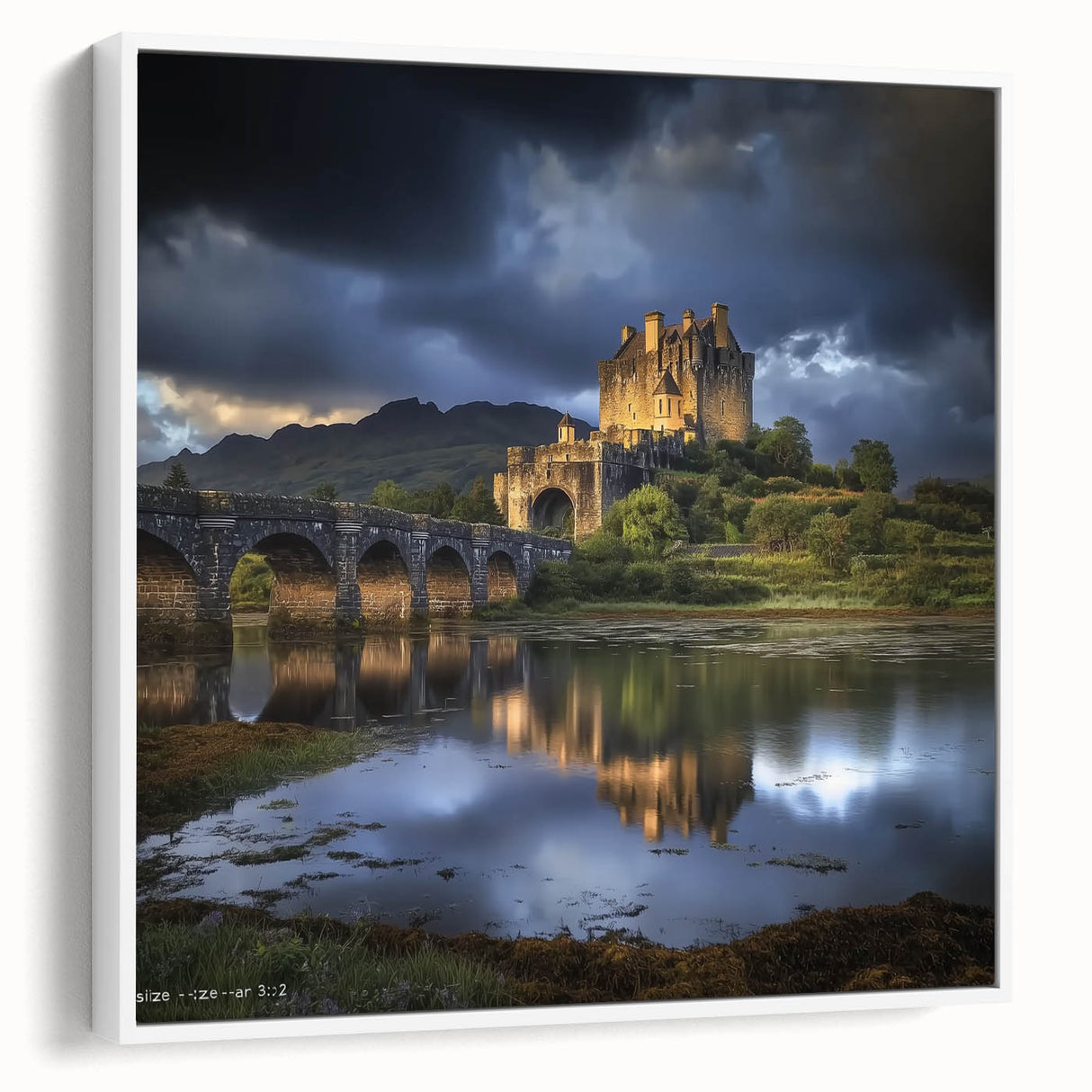Framed canvas artwork showcasing a picturesque landscape with a majestic castle, featuring vibrant colors and intricate details, displayed at a side view against a white background.