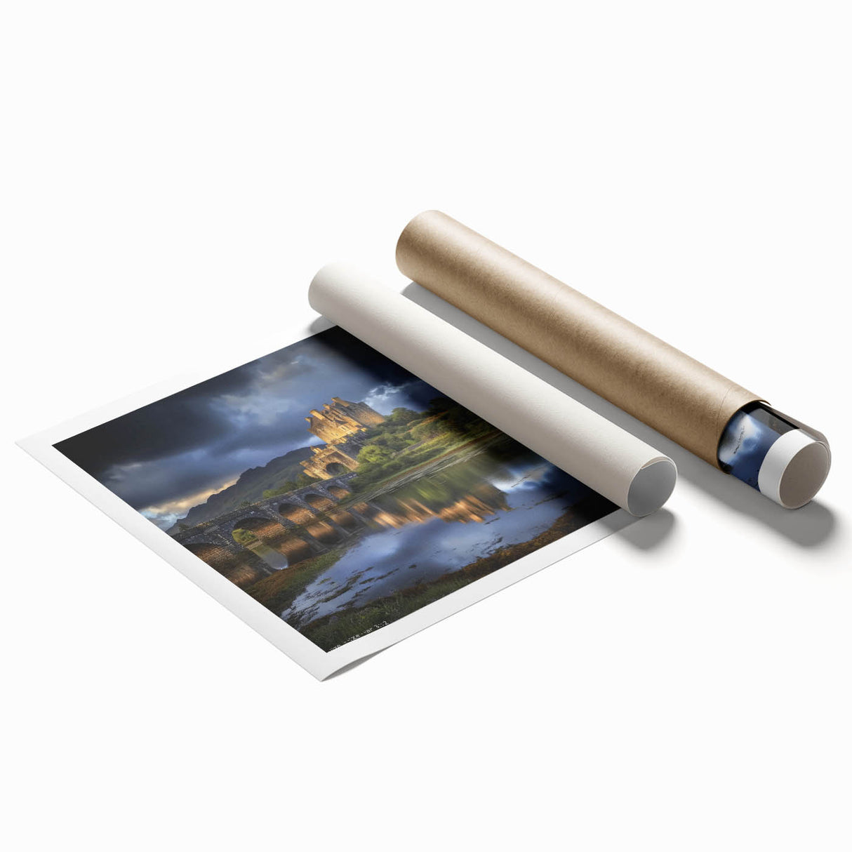 Landscape painting of a picturesque castle surrounded by lush greenery and a serene sky, presented as a rolled print for easy framing and display. Ideal for home decor enthusiasts seeking elegant artwork.