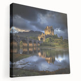 Side view of a stretched canvas showcasing a vibrant landscape featuring a majestic castle surrounded by lush greenery and a clear blue sky, perfect for home decor.