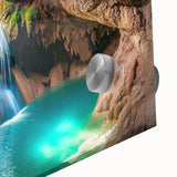 Vibrant close-up of an acrylic glass artwork depicting a stunning landscape with intricate cave formations, showcasing rich colors and textured details, ideal for modern home decor.