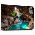 Acrylic glass artwork showcasing a vibrant landscape cave scene, displayed from a side view with pins, highlighting intricate details and vivid colors. Ideal for modern home decor.