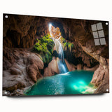 Acrylic glass artwork showcasing a vibrant landscape cave scene, displayed from a side view with pins, highlighting intricate details and vivid colors. Ideal for modern home decor.