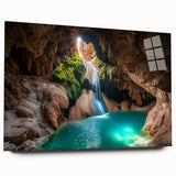 Acrylic landscape artwork depicting a serene cave scene, showcasing vibrant colors and intricate details, presented in a side view without pins. Ideal for modern home decor.