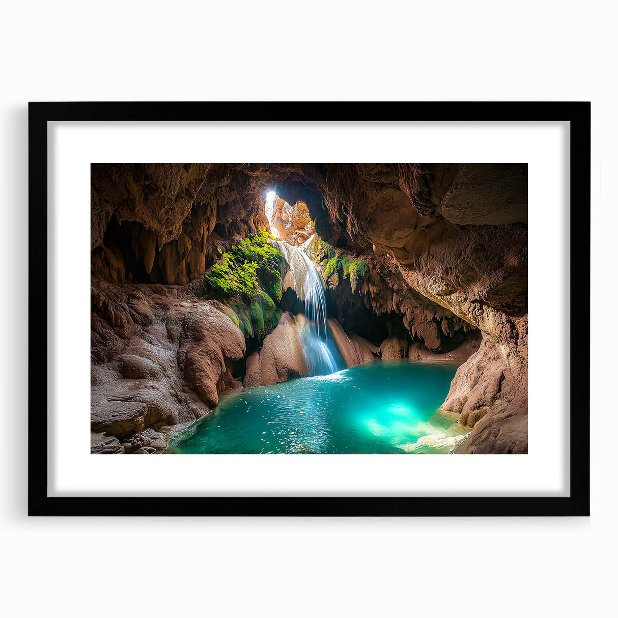 Framed black landscape artwork showcasing intricate cave designs, presented in a sleek black frame with a white mat, ideal for modern home decor.