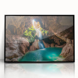 Framed acrylic artwork showcasing a dramatic cave landscape in rich earthy tones, featuring black accents, perfect for modern home decor.