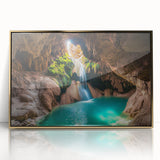 Framed acrylic artwork showcasing a stunning landscape scene with caves, highlighted by elegant gold accents, perfect for modern home decor.