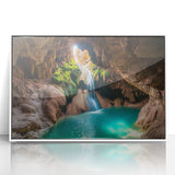 Framed acrylic artwork depicting a stunning cave landscape, featuring vibrant colors and intricate details, ideal for modern home decor. Perfect for nature enthusiasts and art lovers.