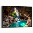 Framed canvas artwork depicting a stunning cave landscape, featuring earthy tones and intricate details, presented in a sleek black frame, ideal for home decor.