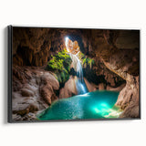 Framed canvas artwork depicting a stunning cave landscape, featuring earthy tones and intricate details, presented in a sleek black frame, ideal for home decor.