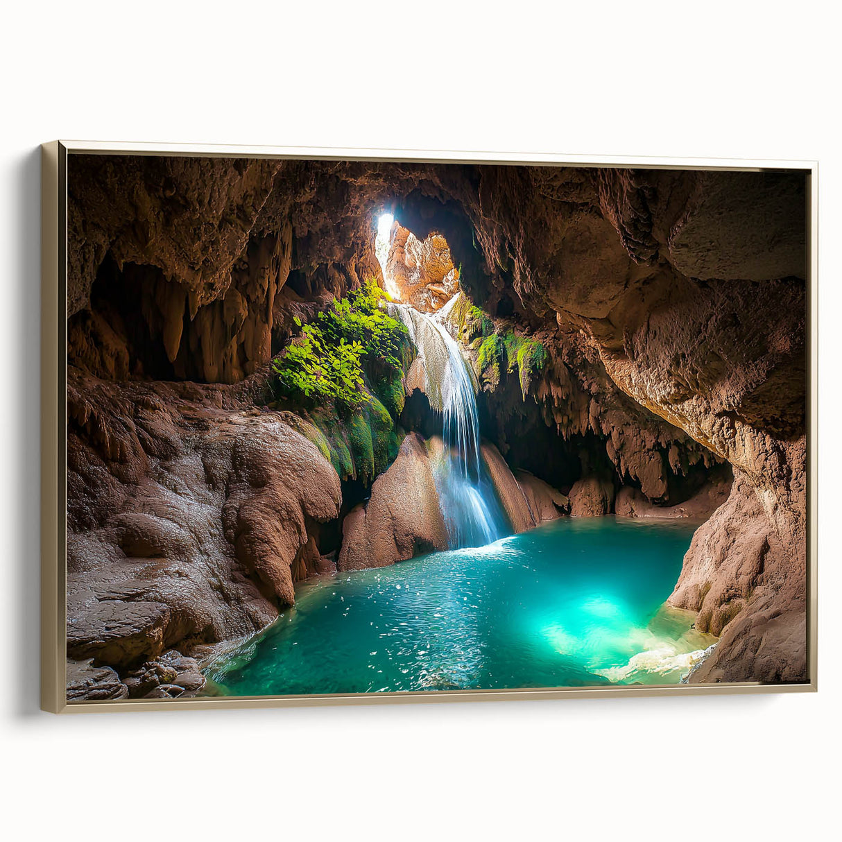 Framed canvas artwork showcasing a stunning landscape with intricate cave formations, highlighted by a rich gold frame, ideal for enhancing modern decor.