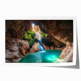 Rolled print of a stunning cave landscape artwork showcasing vibrant colors and intricate details, perfect for home decor, elegantly packaged in a protective tube.