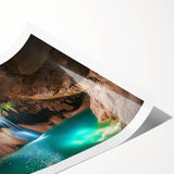 Rolled print showcasing a vibrant landscape scene with caves and natural formations, designed for wall decor, elegantly packaged in a protective cardboard tube.