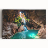Stretched canvas artwork depicting a vibrant landscape scene with caves, showcasing rich colors and intricate details, ideal for home decor or art enthusiasts.
